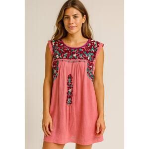 Mi Golondrina Arroyo de Flores Embroidered Shift Mini Dress Pink Women's Medium